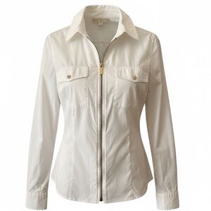 Michael Kors White Zip Front Button Pocket Shirt Blouse Size M